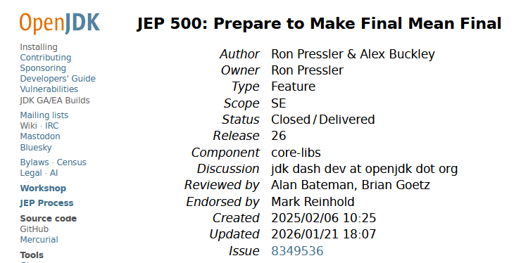 Java 26 新特性：JEP 500 限制反射修改 final 字段——让 final 真正不可变